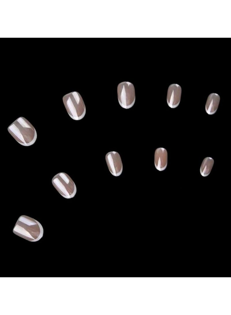 Shein 30pcs Retro Streetwear Minimalist Elegant Daily Classic Ultramodern Nordic Style Aurora White French Short Oval Press-On Fake Nails Set - Image 2